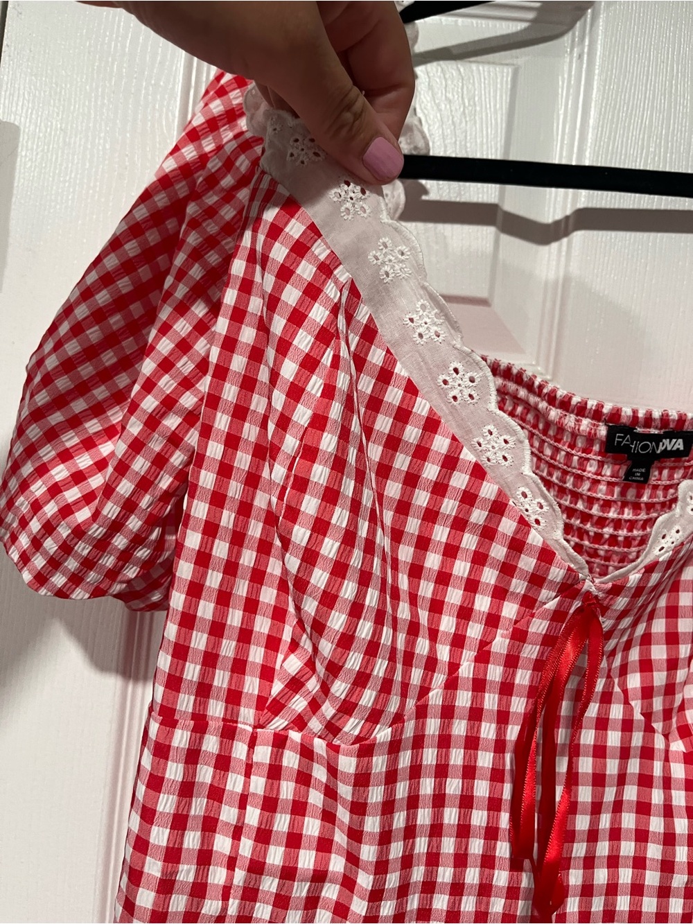 Red Gingham Lace-Trim Mini Dress - Picture 8 of 11